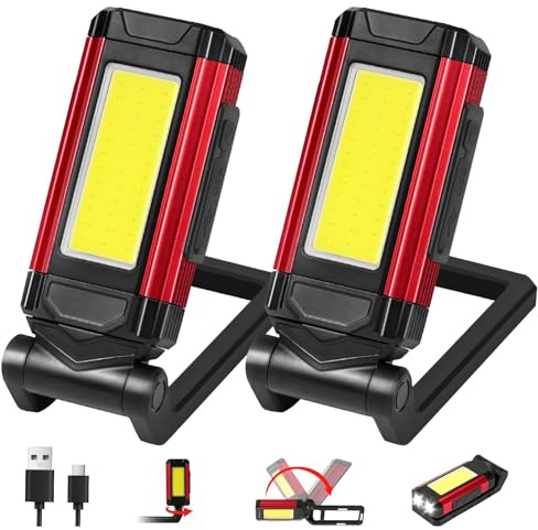 vsshe Lampe de Travail Rechargeable LED Puissante avec Base Magnétique et Crochet Pliant, 7 Modes Lampe Mecanicien, Lampe de Poche COB pour Atelier, Camping, Urgences (2 Pièce)