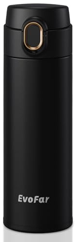 EvoFar 500ml Vacuum Flask Insulated Stainless Steel Water Bottle, One-Touch Open Double-Walled Thermal Flask, Leak-Proof, BPA-Free, for Travel, Sports & Daily Use (Black)