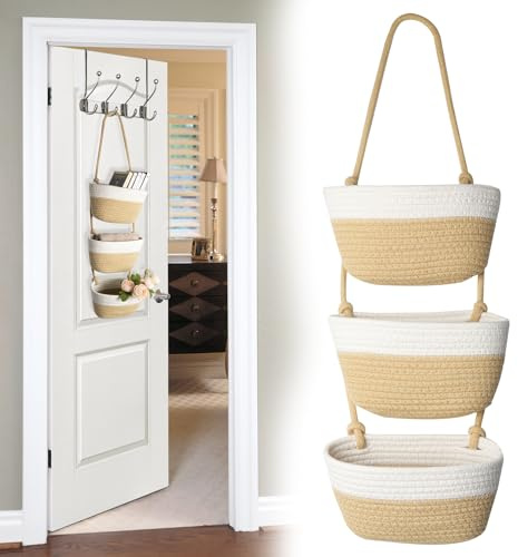 Cesto sospeso a 3 livelli in cotone intrecciato – Cestino sospeso sopra la porta o per il montaggio a parete, fune, cesti sospesi per camera da letto, bagno e corridoio