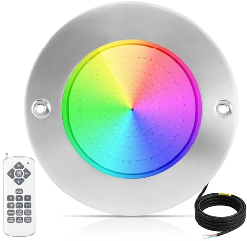 KWODE Iluminación LED para Piscina, 18W Foco Subacuático RGB de Acero Inoxidable, IP68 Sumergible, Montaje en Superficie, 12V AC/DC Lámpara de Piscina con Mando a Distancia, Para Piscina/Iluminación