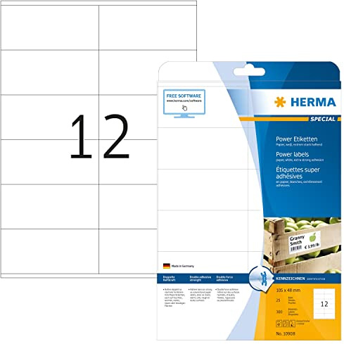 HERMA Extra Strong Adhesive Labels, 300 Labels per Pack, 105 x 48 mm, Blank Heavy Duty Stickers, White