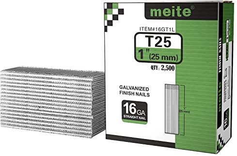 meite - Clavos de acabado tipo 16G/25 mm, clavos de acabado galvanizados rectos para pistolas de uñas, ideal para carpintería, tapicería y proyectos de enmarcado (2500