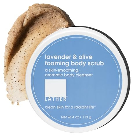LATHER Lavender & Olive Foaming Body Scrub - Gentle Exfoliating & Hydrating Scrub for All Skin Types - Leaves Soft & Smooth Skin - Scrub for the Body, Hands & Feet - 4 Oz Jar