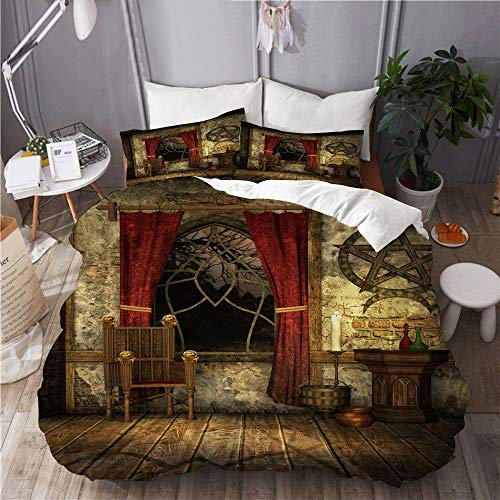 PENGTU Bettwäsche-Set, Mikrofaser,Altes Pentagramm-Symbol und rote Vorhänge im mystischen mittelalterlichen Kammer-geistigen Thema,1 Bettbezug 135 x 200cm+ 2 Kopfkissenbezug 80x80cm