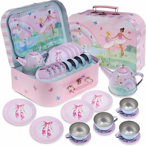 Jewelkeeper - Zinn Teeservice für Mädchen und Tragetasche, Kindergeschirr Spielküche, 15-teilig - Ballerina Design