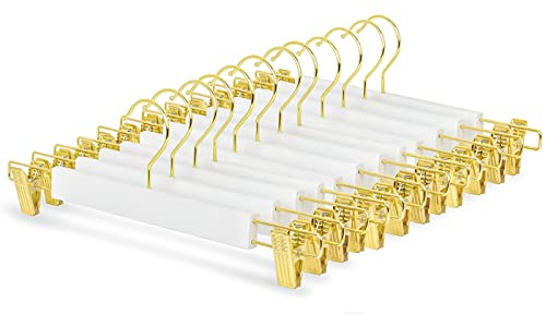 Amber Home 24 Pack 14.17 Solid White Wooden Pant Skirt Hangers with Gold Hook, Bottom Hangers for Slacks Trousers Jeans with 2-Adjustable Gold Clips (White, 24 Pack)