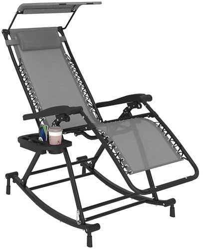 Outsunny Garden Rocking Chair Folding Recliner Outdoor Adjustable Sun Lounger Rocker Zero-Gravity Seat with Headrest Side Holder Patio Deck - Grey, 120 x 67 cm
