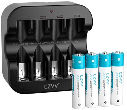 czvv Pilas Recargables AAA de 1,5 V - Juego de 4 Pilas Recargables con Un Cargador Ultra Rápido 2H, Durable y Capacidad Alta con 1100mWh, 1500 Veces Ciclos, Salida Constante