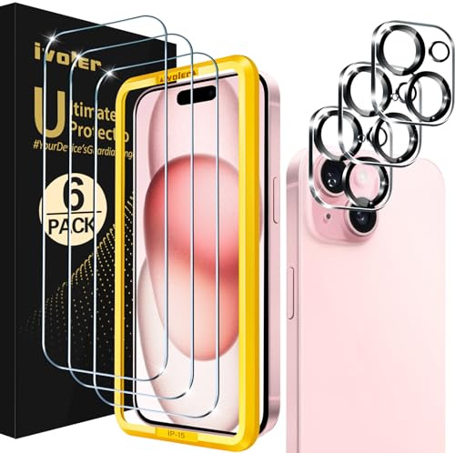 ivoler 3-Piece Tempered Glass Screen Protector for iPhone 15 6.1 Inch with 3 Pieces Rear Camera Protector, Easy Installation Tool, 9H Hardness, Anti-Scratch, Bubble-Free