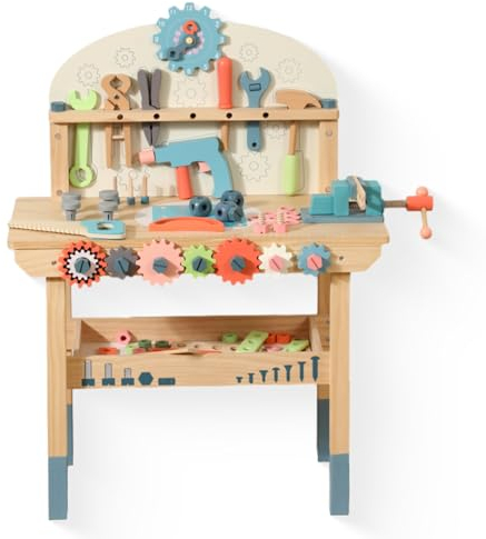 WoodenFun Holz Kinderwerkzeugtisch Spielzeug Werkzeugkoffer Kinder Werkbank Kinderwerkzeug ab 2 3 4 Jahre Montessori Spielzeug Geschenk Lernspiele Werkzeug Koffer für Kinder (Holzfarbe)