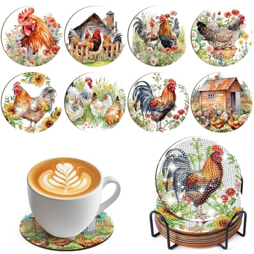 Sitsink Chicken Diamond Art Coasters - 8 Pcs Chicken Farm House Diamond Art Kits Coaster, DIY Diamond Painting Coasters Kits for Adult