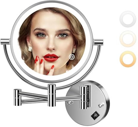 Auxmir Kosmetikspiegel mit LED Beleuchtung 1X/20X Vergrößerung, Dimmbarer Schminkspiegel mit Touchschalter, 3 Farbe Einstellbar, Rasierspiegel Wandmontage für Badezimmer, Spa und Hotel