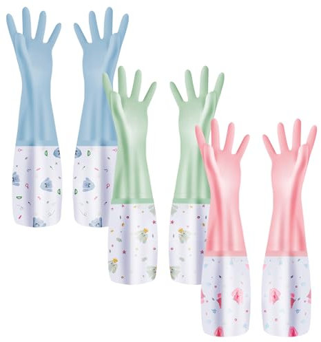 XJMWXHFC 3Pcs Reusable Dishwashing Gloves, Waterproof Long Cuff Non-Slip Household Gloves With Cotton Lined For Laundry, Cleaning, Working, Gardening