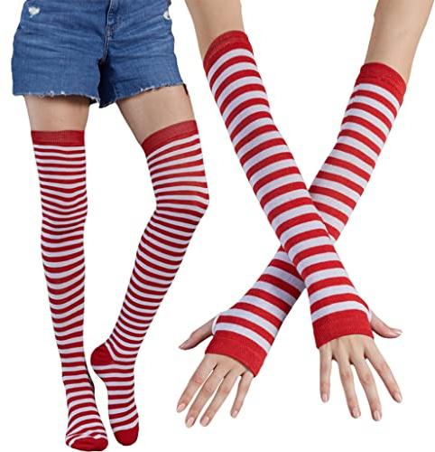HINAYOSAN Scaldamuscoli per donne e ragazze, calze a righe colorate da donna, calze alte per coscia, set di scaldamuscoli a maglia sopra il ginocchio, Rosso e bianco., M