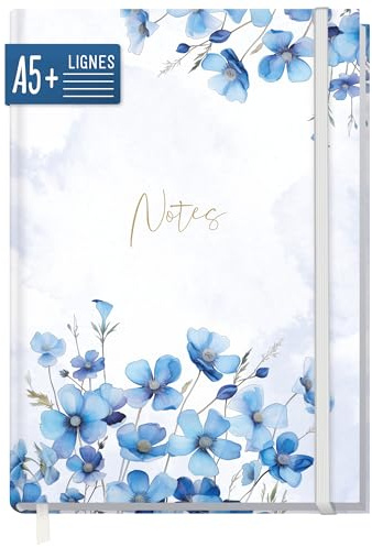 Häfft paper&you® Anteckningsbok A5+ linjerad Blue Blossoms | Anteckningsbok med 156 linjerade sidor och gummiband, papper 100 g/m² – för dagboksskrivande och anteckningar