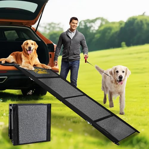 Rampa per Cani Auto Pieghevole 170 x 50 cm Grigio, con Superficie in Moquette Antiscivolo, Fino a 70 kg, Leggera in Alluminio per Animali Domestici, per Auto, Camion, SUV e Scale Esterne (170 x 50 cm)