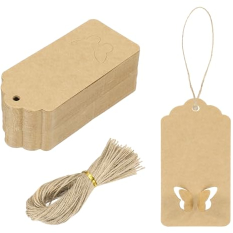 QUARKZMAN 100Pcs Etiquetas De Regalo De Papel Kraft Con Cuerda, 3.5 x 1.6 Pulgadas Etiquetas Colgantes En Blanco Forma De Ola Etiquetas De Papel Color Cuero Etiquetas De Regalo