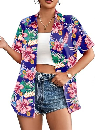 hohololo Hawaii, camicia da donna hawaiana, a maniche corte, taglie S-XXL, Multicolore5., M