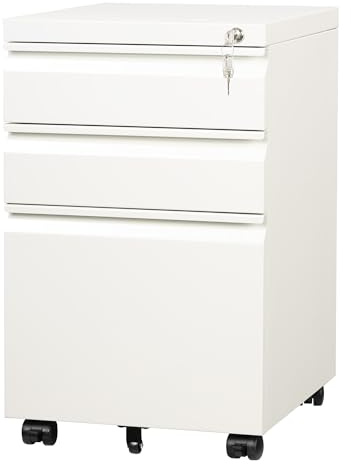 DEVAISE 3 Drawer Filing Cabinet, Lockable File Cabinet, Under Desk Drawers with Storage, Metal Fits Letter / A4 Size for Home Office, White