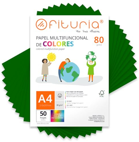 OFITURIA Folios de Colores A4 80gr, Pack 50 Hojas – Papel Verde Oscuro para Manualidades, Impresora y Scrapbooking – Folios A4 Colores – Ideal Origami, Oficina y Escuela (Verde Oscuro)