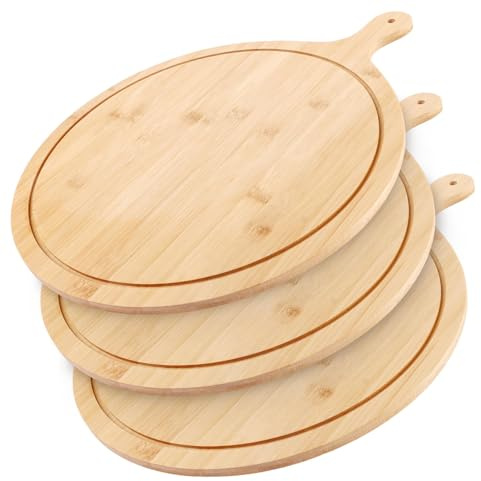 LOLYSIC 3 stycken pizzatallrikar trä, stor pizzabräda rund med handtag, pizzatallrik 33 cm, skärbräda rund, pizza bambubräda skärbräda pizza träbräda för västerländsk mat, kök, hotell, restaurang