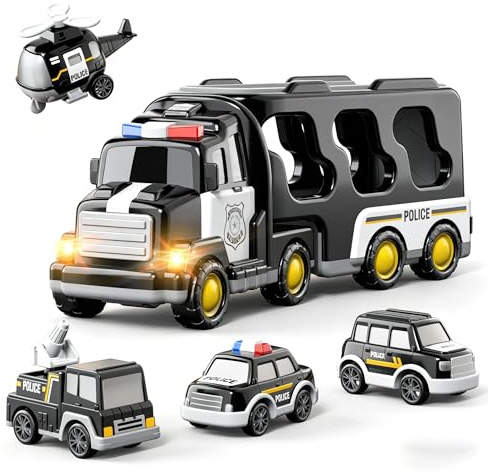 BLmukce Police Truck Transport Vehicle Carrier Boys Toys for Toddlers Ages 1-7, 5-in-1 Toy Sets with Police Car, Helicopter, Bus and Water Truck, Gift for Boys & Girls