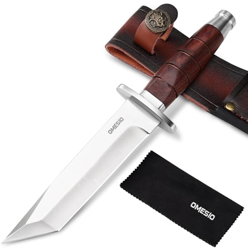 Omesio Coltello Da Caccia, Lama In Acciaio Inossidabile 5cr14mov Da 15,5 Cm, Manico in Legno E Fodero in Pelle. Coltello Da Sopravvivenza Adatto al Campeggio E Alla Sopravvivenza Nella Giungla