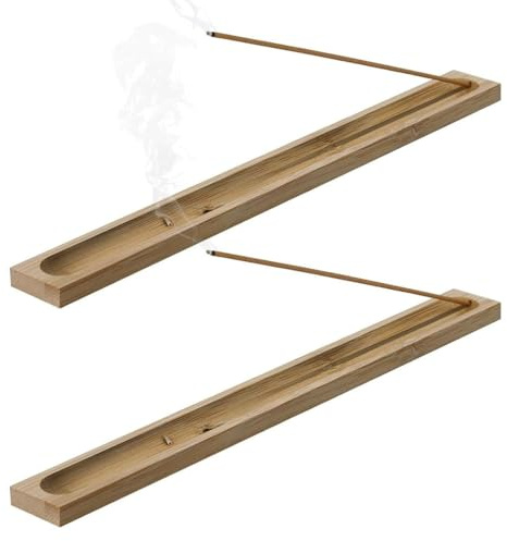 AEKZOX 2 piezas quemadores de incienso de bambú y madera con cenicero, patrón de Buda, hechos a mano, ideales para decoración del hogar, meditación y yoga, porta-inciensos (23 cm) (color madera)