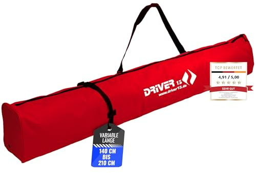 Driver13 Skidväska, skidväska för skidor och skidstavar, justerbar längd 140–210 cm, robust skolväska för transport och förvaring vid skidåkning, röd