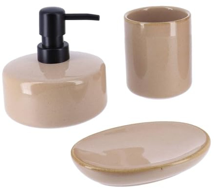 Tendance - Set Gobelet Distributeur à Savon et Porte Savon Grès Laqué - Beige - Salle de Bain - Accessoire Salle de Bain à Poser