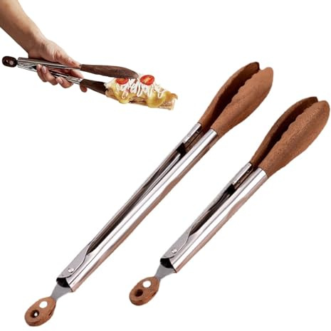 VELAJA Set di 2 Pinze da Cucina in Legno di Noce e Acciaio Inossidabile, Pinza con Punte in Legno, 30cm e 39cm, Manico Antiscivolo, Bloccaggio, per Cucinare, Grigliare e Servire