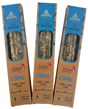 HOSTENATURA Aroma Nature | Pack 3 Inciensos Orgánicos Copal | 3 Cajas con 8 Varillas Gruesas | Incienso Natural Artesanal de Larga Duración 1h | Aroma Resinoso Tradicional