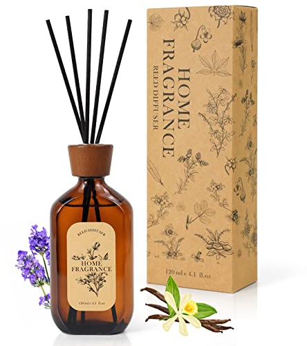 Raumduft Diffuser Stäbchen Duftöldiffusoren 120 ml - Lavendel und Vanille - Natürlich, Langanhaltend, fur Raum, Zuhausem, Büro, Spa mit 6 Duftstäbchen - Raumduft-Set
