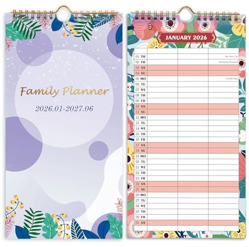 Tuloka Family Planner 2026 Wall Calendar with 3 Columns from Jan 2026 to Jun 2027 with Month-to-View Page Layout, Home Calendar for New Year Gift