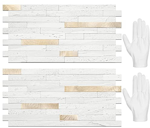 STICKGOO 20 Sheets Peel and Stick Backsplash Tile, Stick on Backsplash for Kitchen and Bathroom, White Sandstone Look PVC Mixed Metal Gold Self Adhesive Wall Tiles