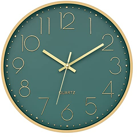 Foxtop Modern Wall Clock 12 Inch Silent Non Ticking Battery Operated Round Quartz Gold Wall Clock for Living Room Bedroom Kitchen Office Classroom Decor (Dark Green Dial)