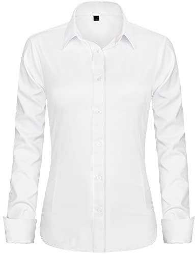J.VER Women's White Long Sleeve Dress Shirt Fitted Non Iron Stretch Executive Office Work Business Casual Formal Shirt Blouse with Single Cuff XL