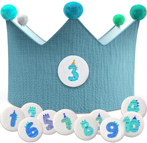 Milula Studios Geburtstagskrone Junge & Mädchen - Musselin Geburtstag Krone Zweifarbig - Austauschbare Zahlen 1-10 - Geschenk zum Kindergeburtstag - Geburtstagskrone 1. Geburtstag Mädchen & Junge