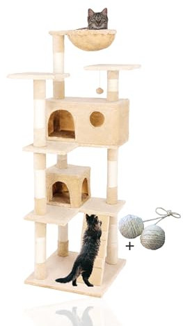 Rohrschneider Kratzbaum Marley | Katzenbaum mit Katzenhöhlen und Katzenkuschelnest | Sisal und Plüsch | 50 x 50 x 150 cm (Beige)