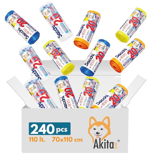 240 Sacchi spazzatura 50x60 cm, 30 Litri, per Raccolta Differenziata AkitaINK - Sacchi Alta Resistenza - Blu, Giallo, Arancione, Trasparente (240 SACCHI 50X60 cm)