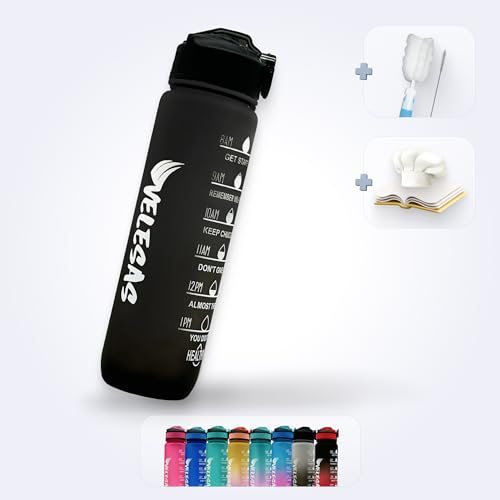 Velesas® 1l Wasserflasche mit motivierender Zeitmarkierung | Trinkflasche aus Tritan mit Strohhalm | Sportflasche für Schule, Arbeit, Fitnessstudio, Büro, Fahhrad, Wandern | BPA-Frei | Schwarz