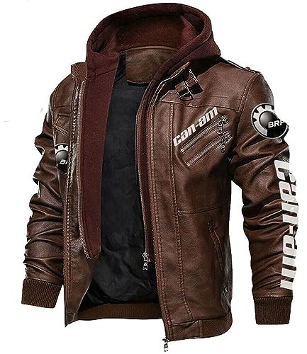 GIOPSQ Faux Cuir Bombardier Veste Pour CAn-Am Imprimé Avec Amovible Capuche Coupe-Vent Courses Manteaux Extérieur/B/3XL