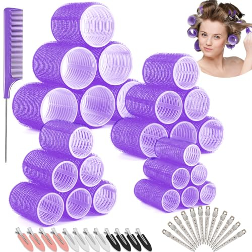 Aotfusd 49 Stück Lockenwickler Set, Locken Ohne Hitze, Große Lockenwickler Kleine DIY Selbsthaftend Hair Rollers mit 24 Stücke Haar Klammer für Lange Mittlere Kurze Salon 60/45 /36/25mm (Lila)