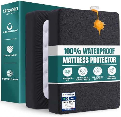 Waterproof Mattress Protector, Double 135 x 190 cm, Fits 40cm Deep (Black) | Terry Top Waterproof Mattress Protector with Elastic Skirt, Oeko-Tex Certified, by Utopia Bedding