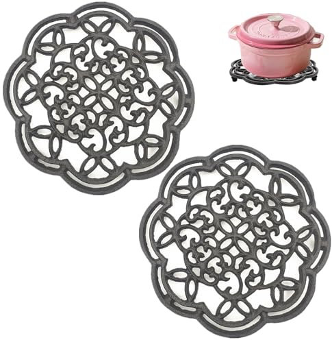 HningBuyox 2 Pack Cast Iron Trivet, Heavy Duty Metal Trivets for Hot Pots and Pans, 8In Round Rustproof Pot Stands Holders Rack with Rubber Pegs for Countertop, Dining Table, Farmhouse Decoration