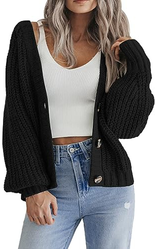 HOTOUCH Womens Cardigan Short Chunky Cardigans Long Sleeve Jumpers Open Front Ribbed Knit Lightweight Outerwear for Winter Spring Black L