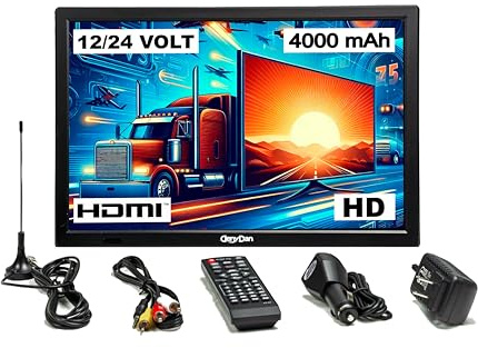 DenyDan TV de viaje de 16 pulgadas, tu mejor concentrador de entretenimiento portátil para coche, RV, camión y cocina, pantalla Full HD, entradas HDMI/USB/AV, opciones de alimentación de 12 V/24 V/110