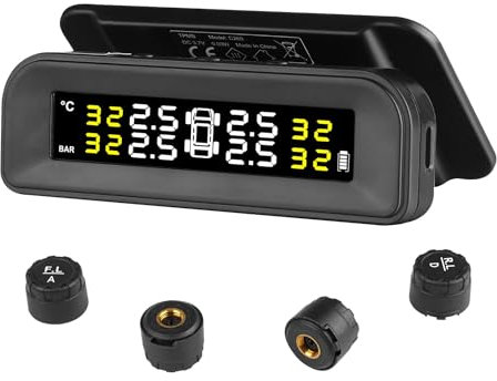 VEVOR TPMS avec 4 Capteurs, Système de Surveillance de la Pression des Pneus 0,5-6 Bars, Système d'Alarme de Voiture sans Fil Universel, Affichage en Temps Réel, 5 Modes d'Alarme, avec Charge Solaire