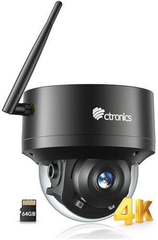 Ctronics 4K 8MP PTZ Überwachungskamera Aussen WLAN 5G/2,4G, Dome IP Kamera Outdoor mit Personen/Fahrzeug/Tiererkennung, Auto-Tracking, UHD IR Nachtsicht, 64G TF-Karte Enthalten, PC/Cloud/IP66/Metal