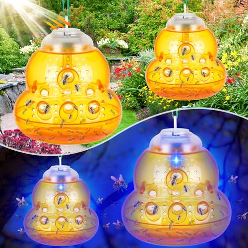 Pestvanish Solar Wasp Trap with Blue LED Light, Non-Toxic Reusable Hornet & Yellow Jacket Catcher, Outdoor Hanging Wasp Killer, 2 Pack - Orange